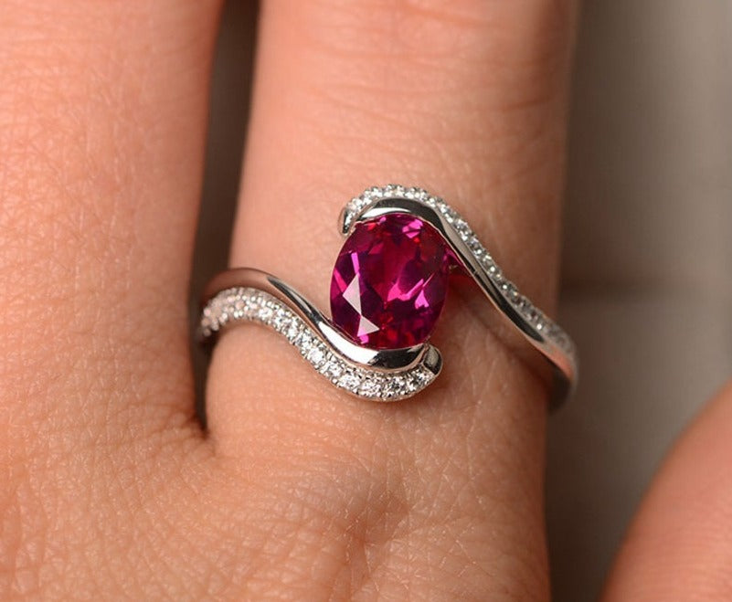 1 CT Oval Cut Red Ruby Diamond 925 Sterling Silver Engagement Halo Bypass Ring Gift For Her