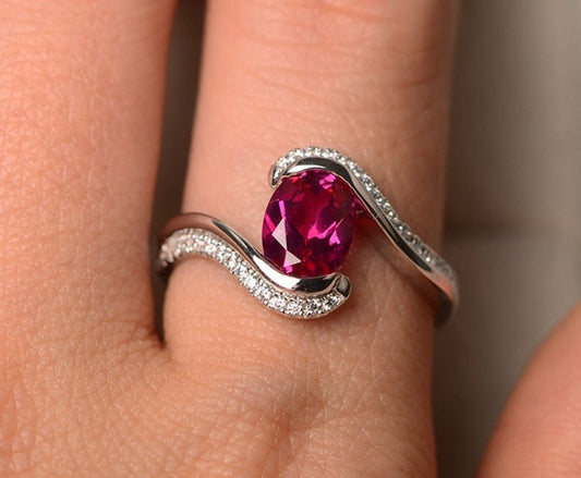 1 CT Oval Cut Red Ruby Diamond 925 Sterling Silver Engagement Halo Bypass Ring Gift For Her