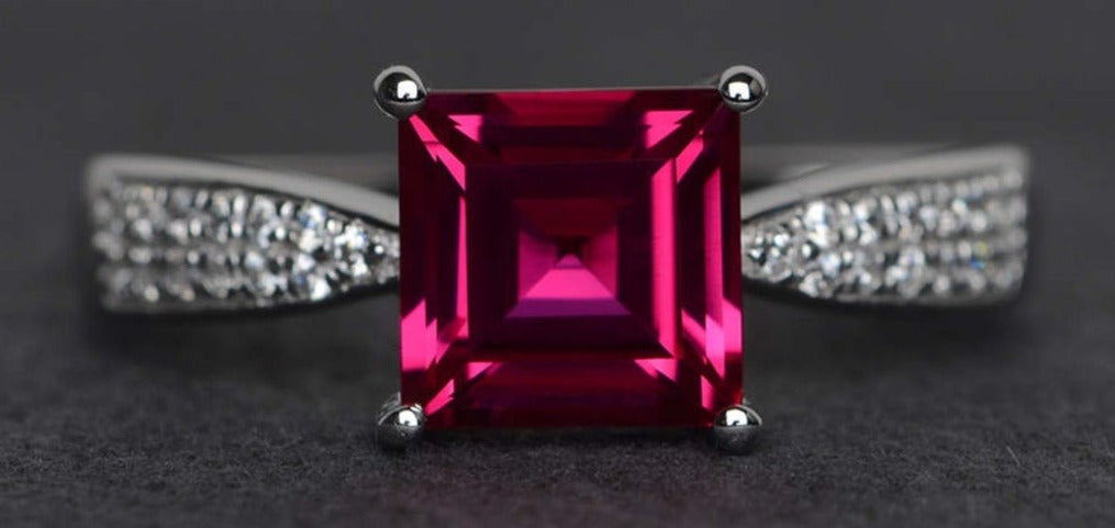 2 CT Princess Cut Red Ruby Diamond 925 Sterling Sliver Women Engagement Ring Birthday Gift For