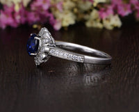 1 CT Round Cut Blue Sapphire Diamond 925 Sterling Silver Halo Flower Engagement Ring