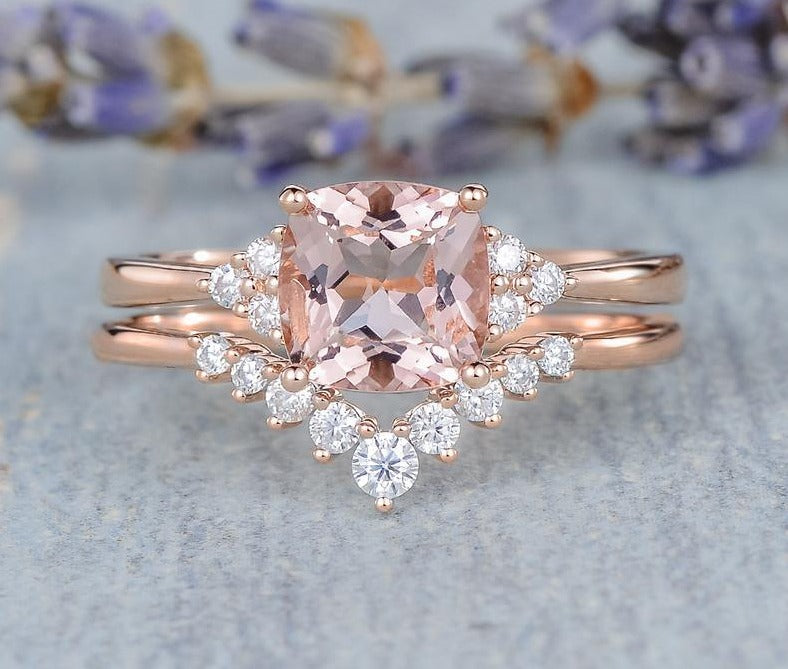 2.20 Ct Cushion Cut Morganite Rose Gold Over On 925 Sterling Silver Bridal Engagement Ring Set