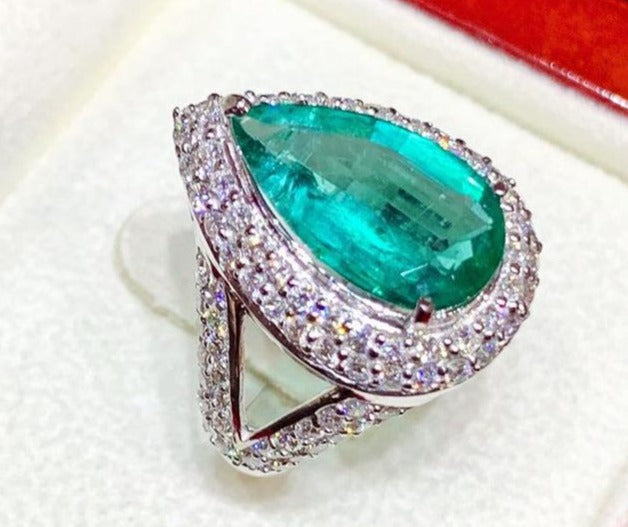 1 CT 925 Sterling Silver Green Emerald pear Cut Diamond Anniversary Halo Ring