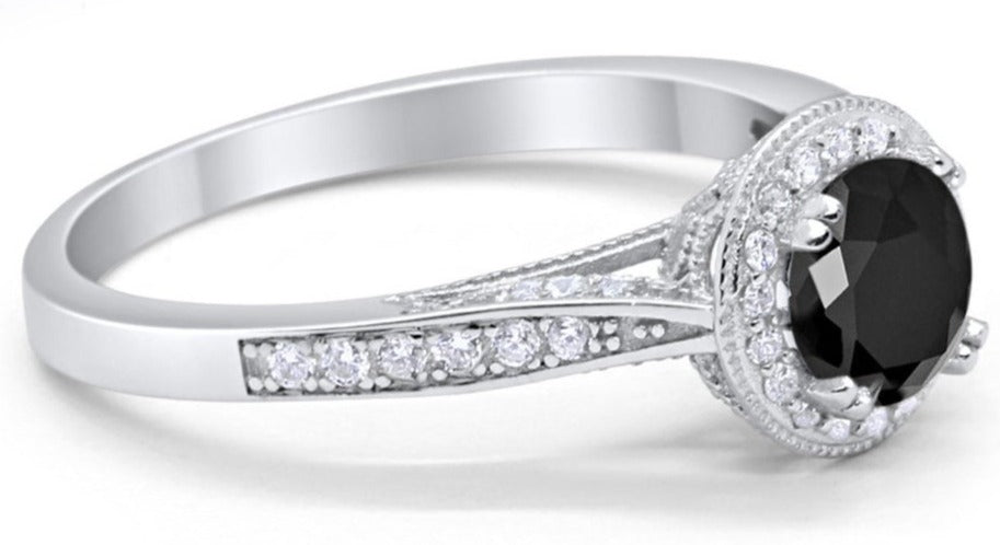 1 CT Round Cut Black Cubic Zirconia Diamond 925 Sterling Silver Halo Engagement Ring - atjewels.in