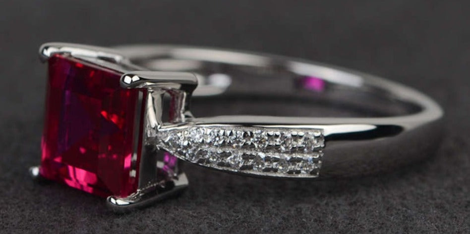 2 CT Princess Cut Red Ruby Diamond 925 Sterling Sliver Women Engagement Ring Birthday Gift For