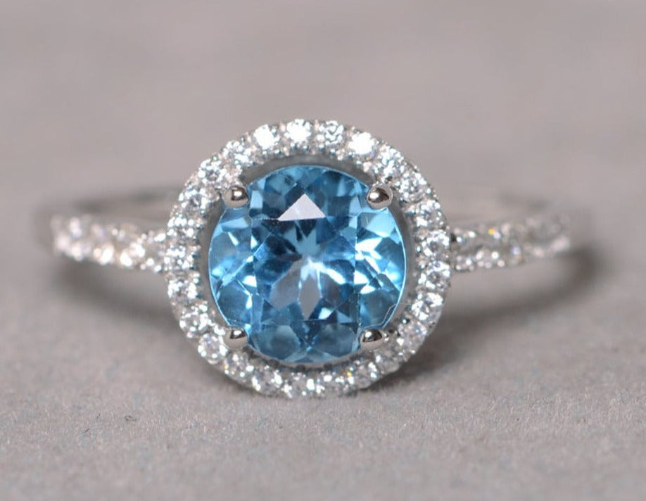 2 CT Round Cut Blue Topaz Diamond 925 Sterling Silver Engagement Halo Promise Ring