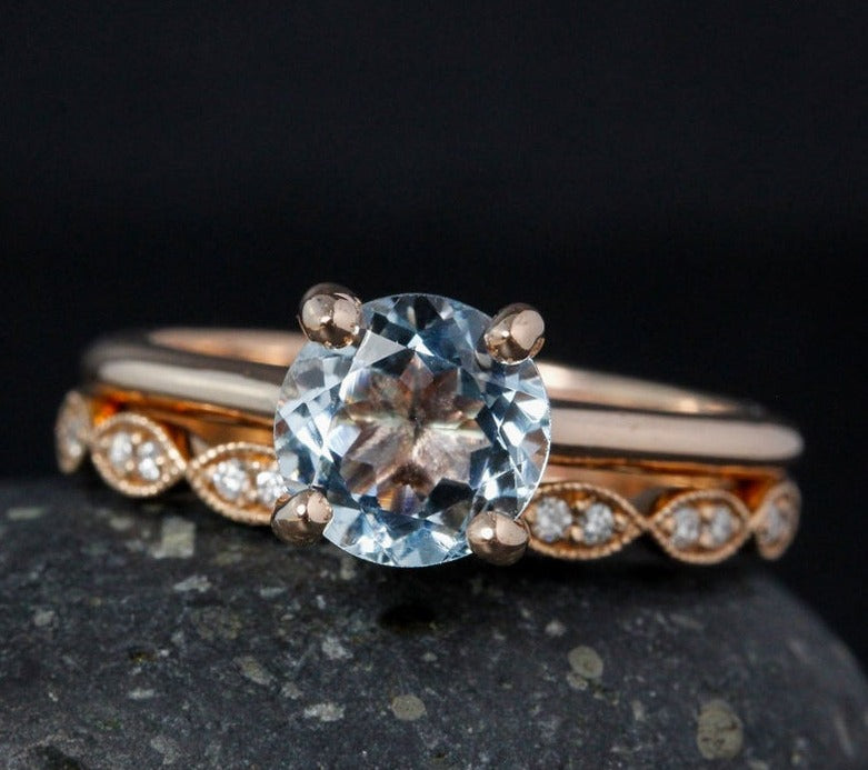1 CT Round Cut Aquamarine Diamond 925 Sterling Silver Bridal Ring set