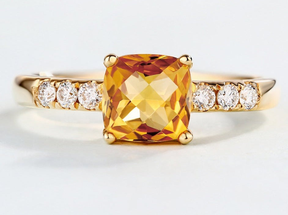 1 CT 925 Sterling Silver Yellow Citrine Cushion Cut Diamond Anniversary Ring