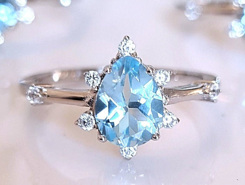 1 CT Pear Cut Blue Topaz Diamond 925 Sterling Silver Women Anniversary Ring Birthday Gift For
