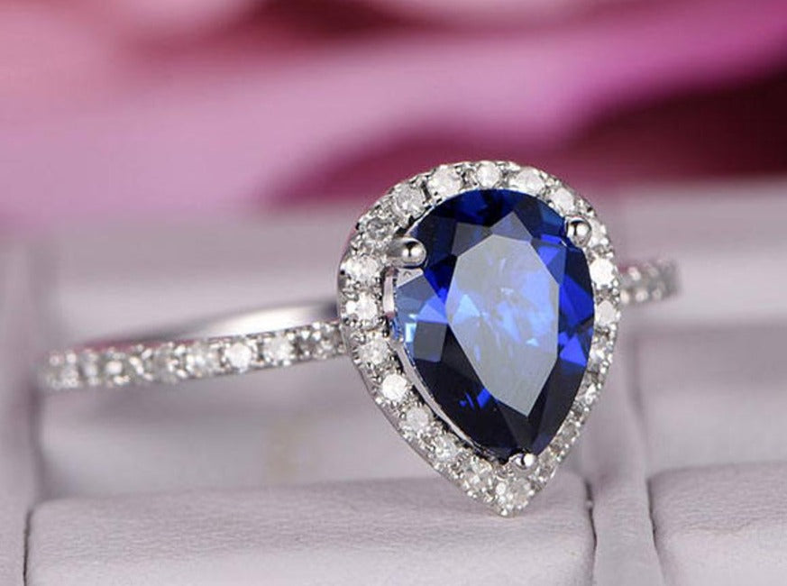 1 CT 925 Sterling Silver Sapphire Pear Cut Diamond Wedding Halo Engagement Ring