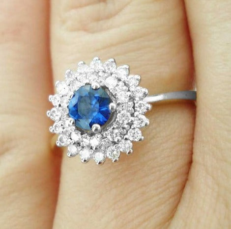 1 CT 925 Sterling Silver Blue Sapphire Round Cut Diamond Engagement Halo Ring