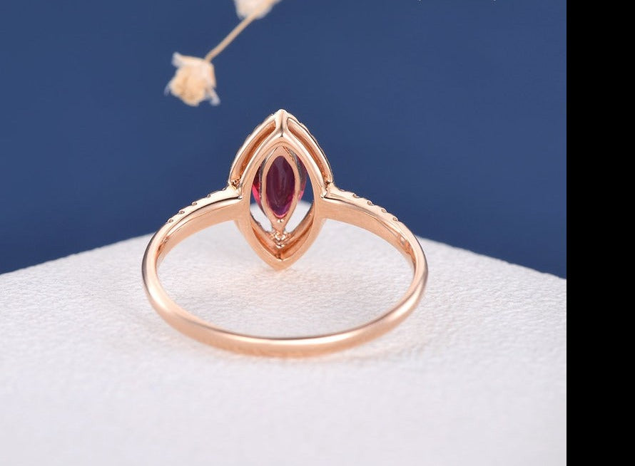 1.50 Ct Marquise Cut Red Ruby Rose Gold Over On 925 Sterling Silver Halo Anniversary Gift Ring