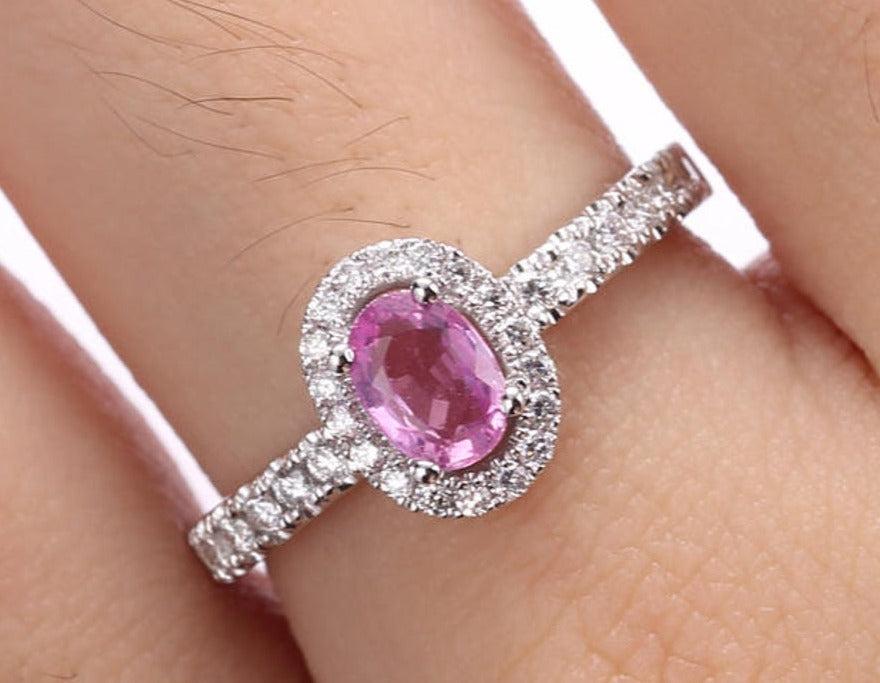 1 CT Oval Cut Pink Sapphire Diamond 925 Sterling Silver Halo Anniversary Promise Ring