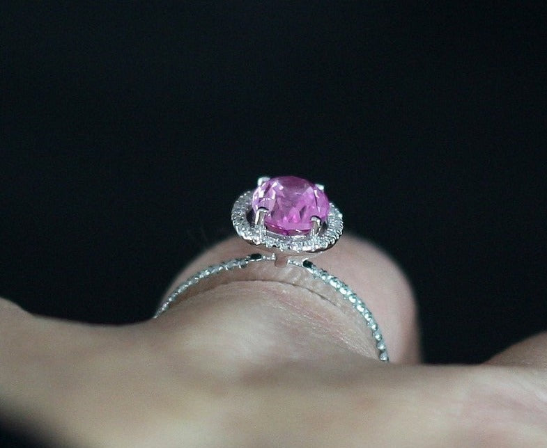 2 CT Oval Cut Pink Sapphire & Diamond 925 Sterling Silver Halo Anniversary Ring