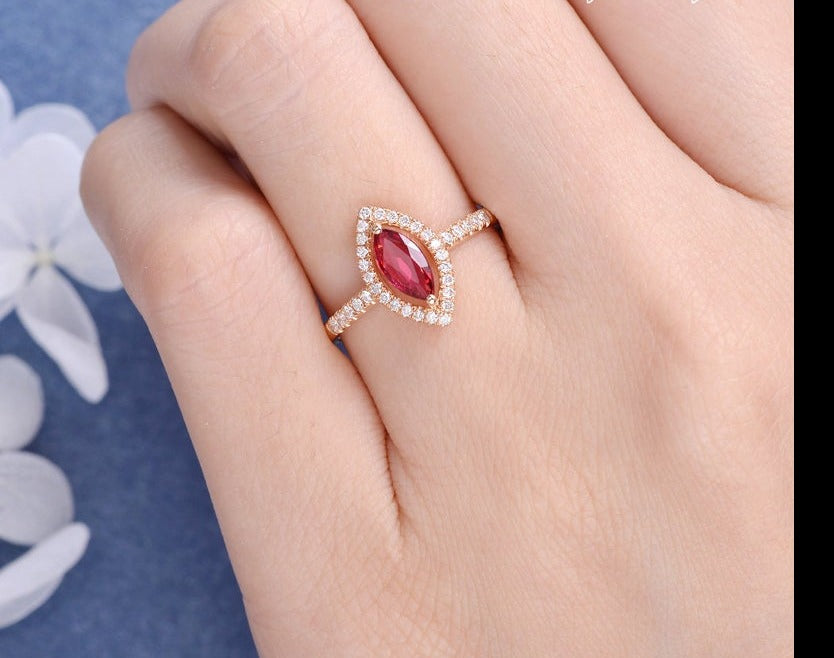 1.50 Ct Marquise Cut Red Ruby Rose Gold Over On 925 Sterling Silver Halo Anniversary Gift Ring