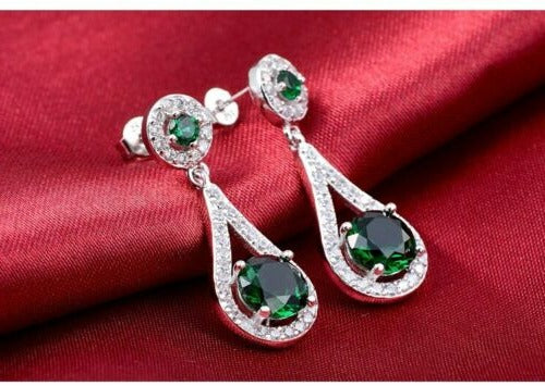 2.00Ct Round Cut Green Emerald 14k White Gold Over On 925 Silver Women's Drop Dangle Earrings