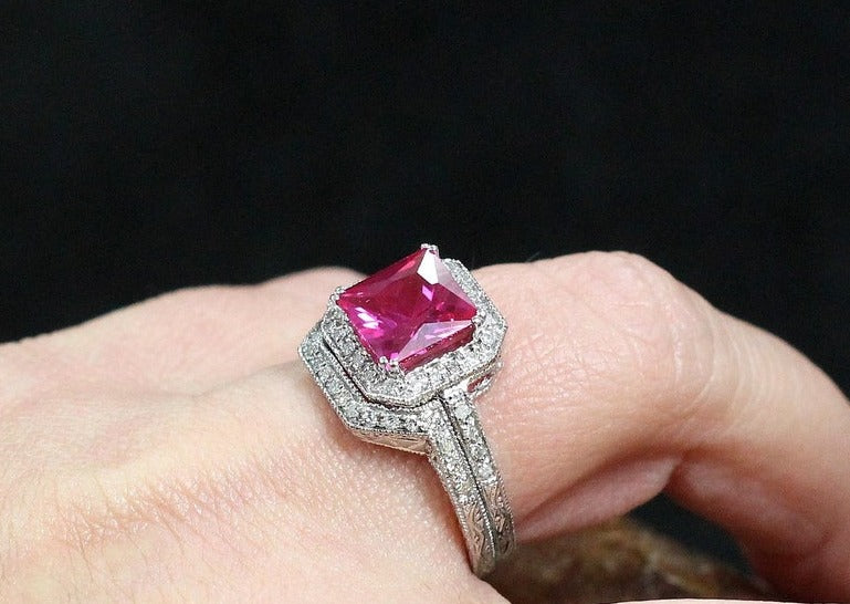1 CT Princess Cut Pink Sapphire Diamond 925 Sterling Silver Wedding Band Ring Set