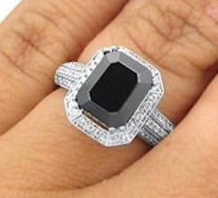 3 CT Emerald Cut Black Cubic Zirconia Diamond 925 Sterling Silver Engagement Halo Ring