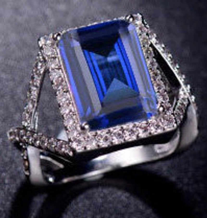 1 CT 925 Sterling Silver Wedding Sapphire Emerald Cut Diamond Halo Anniversary Ring
