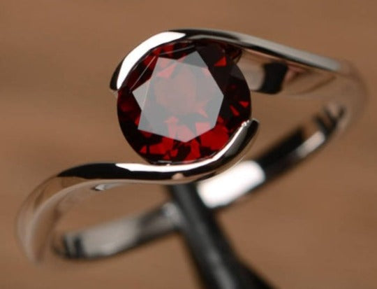 2 CT 925 Silver Sterling Red Garnet Round Cut Bypass Solitaire Engagement Ring