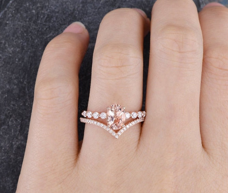 2 CT Oval Cut Morganite Diamond 925 Sterling Silver Halo Engagement Ring Set