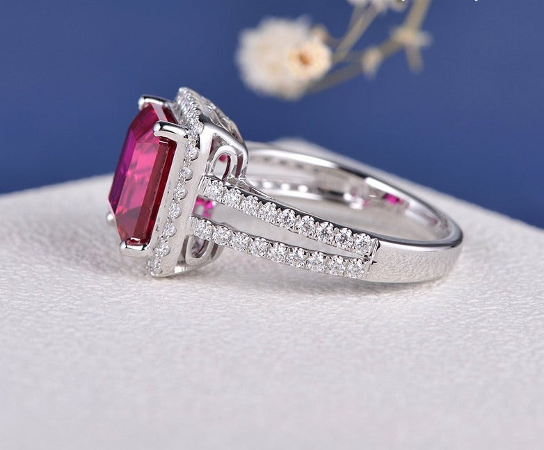 2.50 Ct Emerald Cut Red Ruby Split Shank Halo Engagement Ring In 925 Sterling Silver