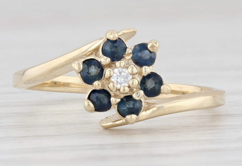 0.33 CT Round Cut Blue Sapphire Diamond 925 Sterling Silver Women Anniversary Flower Bypass Ring