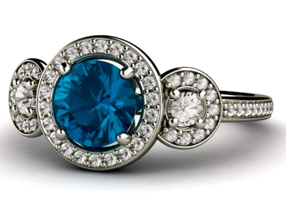 2 CT Round Cut Blue Topaz 3 Stone Diamond 925 Sterling Silver Halo Anniversary Ring