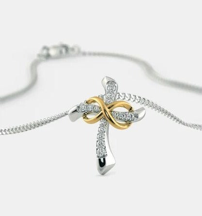 0.25 Ct Round Cut Diamond Two-Tone Infinity Cross Pendant In 925 Sterling Silver