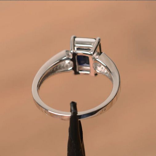 2.30 Ct Emerald Cut Blue Sapphire Solitaire W/Accents Wedding Ring 925 Sterling Silver