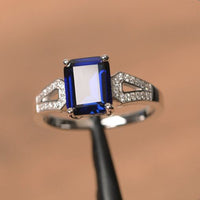 2.30 Ct Emerald Cut Blue Sapphire Solitaire W/Accents Wedding Ring 925 Sterling Silver