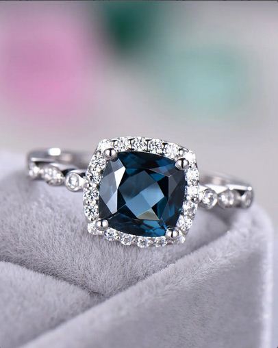 2.25 Ct Cushion Cut London Blue Topaz 925 Sterling Silver Engagement Wedding Ring