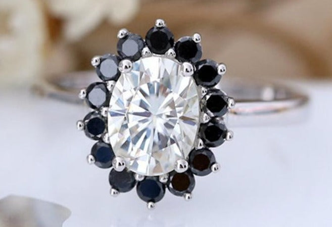 CT Oval Round Cut Black Cubic Zirconia Diamond 925 Sterling Silver  Women Engagement Halo Ring