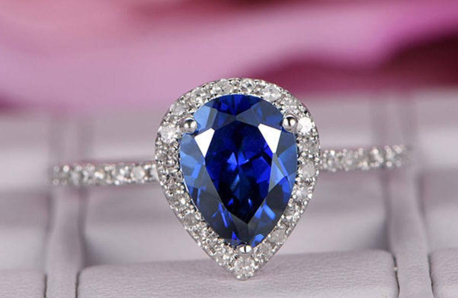 1 CT 925 Sterling Silver Sapphire Pear Cut Diamond Wedding Halo Engagement Ring