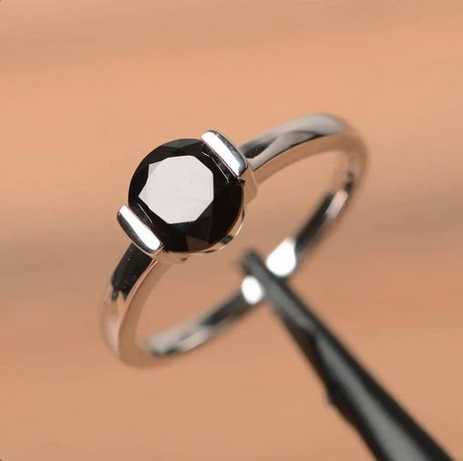 1.00 Ct Round Cut Black Onyx 925 Sterling Silver Bezel Set Solitaire Ring