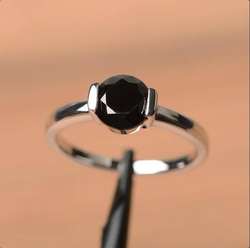 1.00 Ct Round Cut Black Onyx 925 Sterling Silver Bezel Set Solitaire Ring