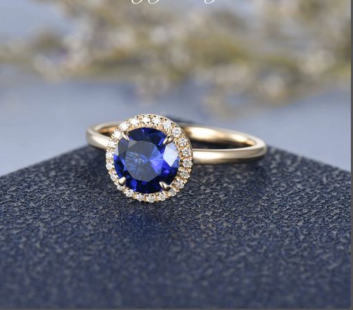 1.20 Ct Round Cut Blue Sapphire Yellow Gold Over 925 Sterling Silver Halo Anniversary Ring