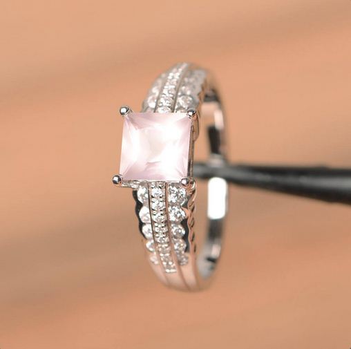 2.50 Ct Princess Cut Rose Quartz Solitaire W/Accents Wedding Ring 925 Sterling Silver