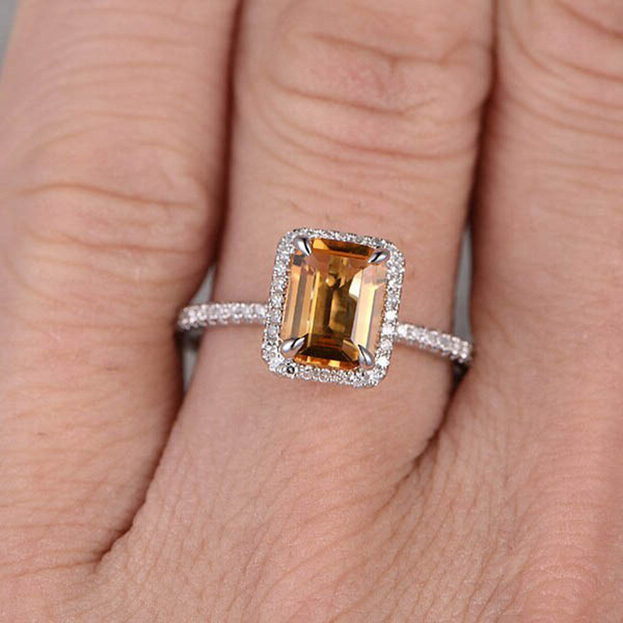 1.75 Ct Emerald Cut Yellow Citrine November Birthstone Halo Ring In 925 Sterling Silver