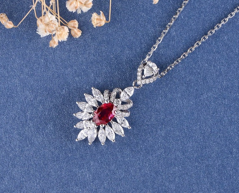 2.50 Ct Oval Cut Red Ruby & White Marquise Diamond Cluster Pendant In 925 Sterling Silver