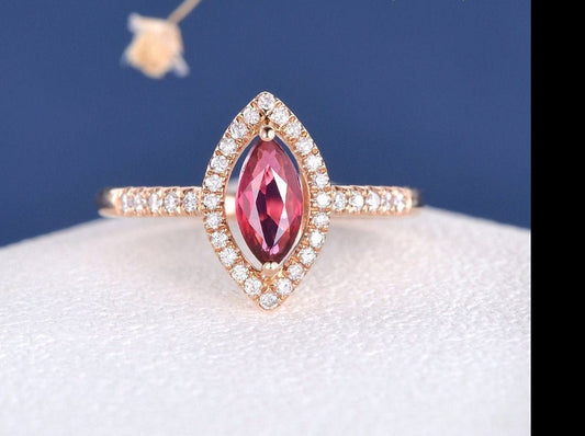 1.50 Ct Marquise Cut Red Ruby Rose Gold Over On 925 Sterling Silver Halo Anniversary Gift Ring