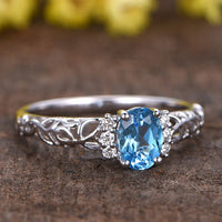 2 CT 925 Sterling Silver Oval Cut Blue Topaz Diamond Wedding Engagement Band Ring