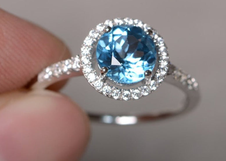 2 CT Round Cut Blue Topaz Diamond 925 Sterling Silver Engagement Halo Promise Ring