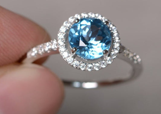 2 CT Round Cut Blue Topaz Diamond 925 Sterling Silver Engagement Halo Promise Ring