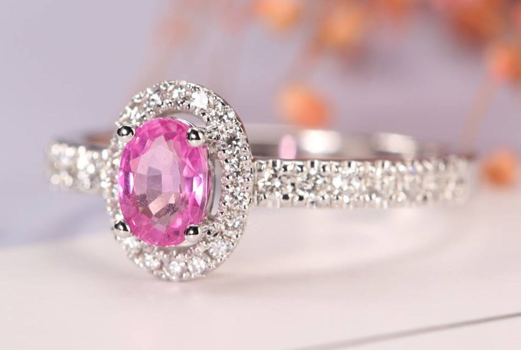 1 CT Oval Cut Pink Sapphire Diamond 925 Sterling Silver Halo Anniversary Promise Ring