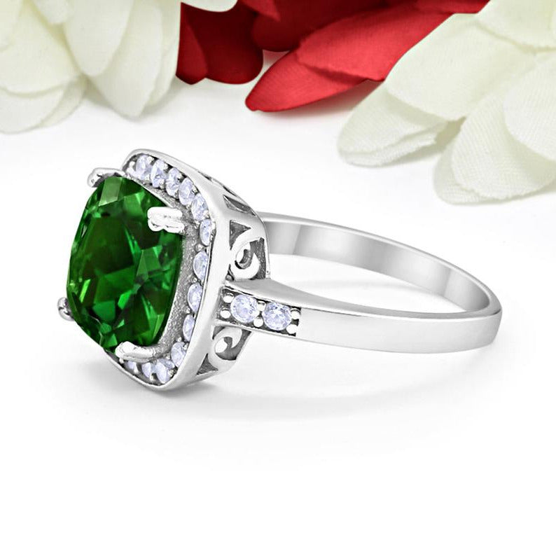 1 CT Cushion Cut Green Emerald CZ Diamond 925 Sterling Silver Halo Wedding Ring