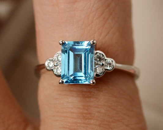 2 CT Emerald Cut Blue Topaz Diamond 925 Sterling Silver Unisex Engagement Ring