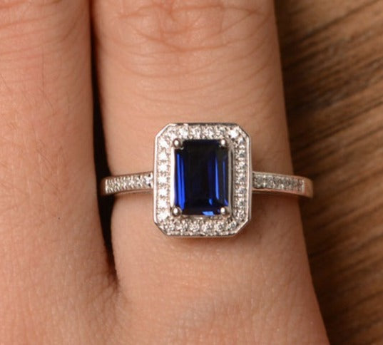 1 CT Emerald Cut Sapphire Diamond 925 Sterling Silver Anniversary Halo Ring