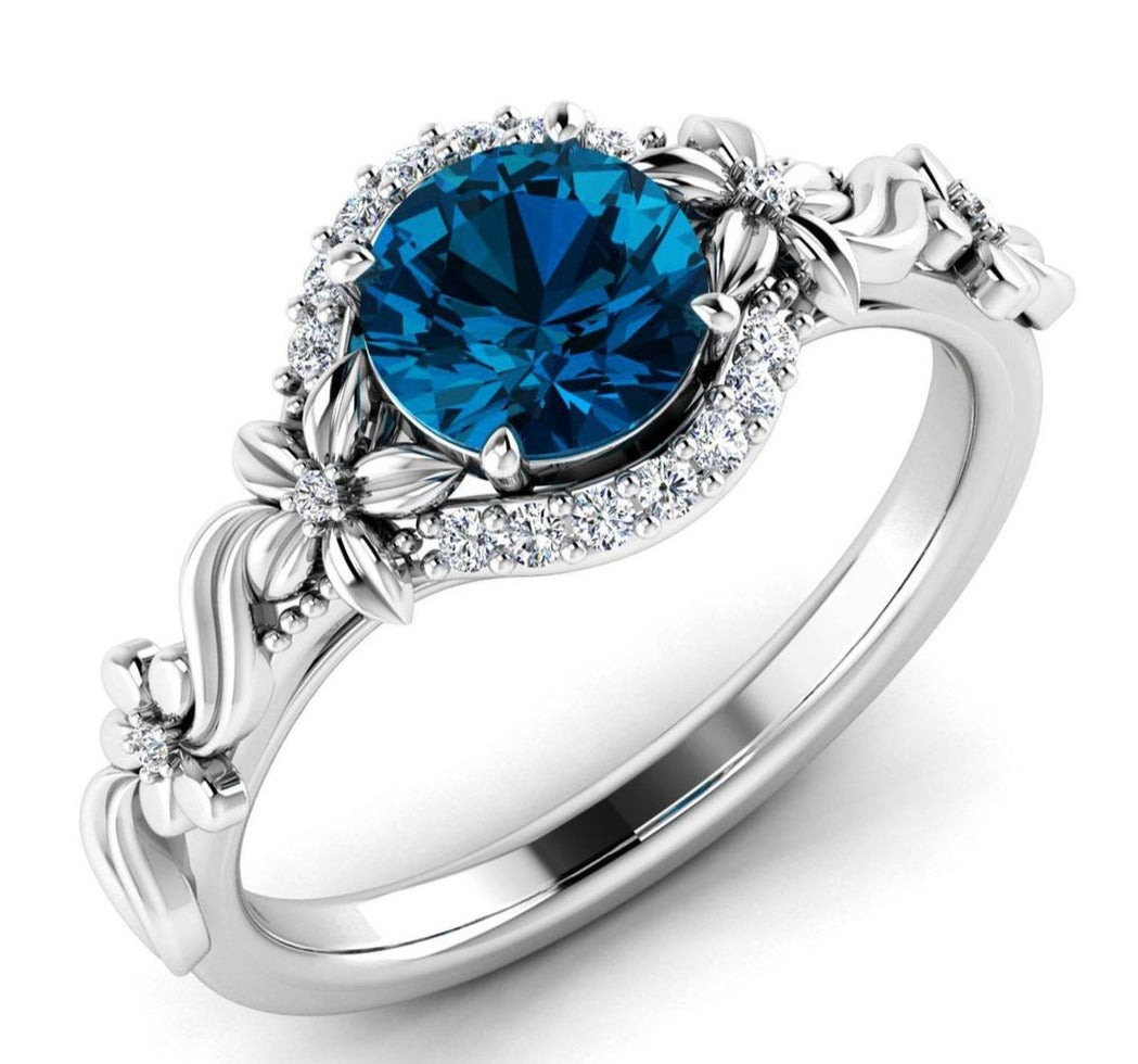 1 CT 925 Sterling Silver Blue Topaz Round Cut Diamond Women Engagement Ring