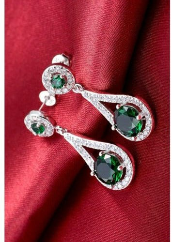 2.00Ct Round Cut Green Emerald 14k White Gold Over On 925 Silver Women's Drop Dangle Earrings