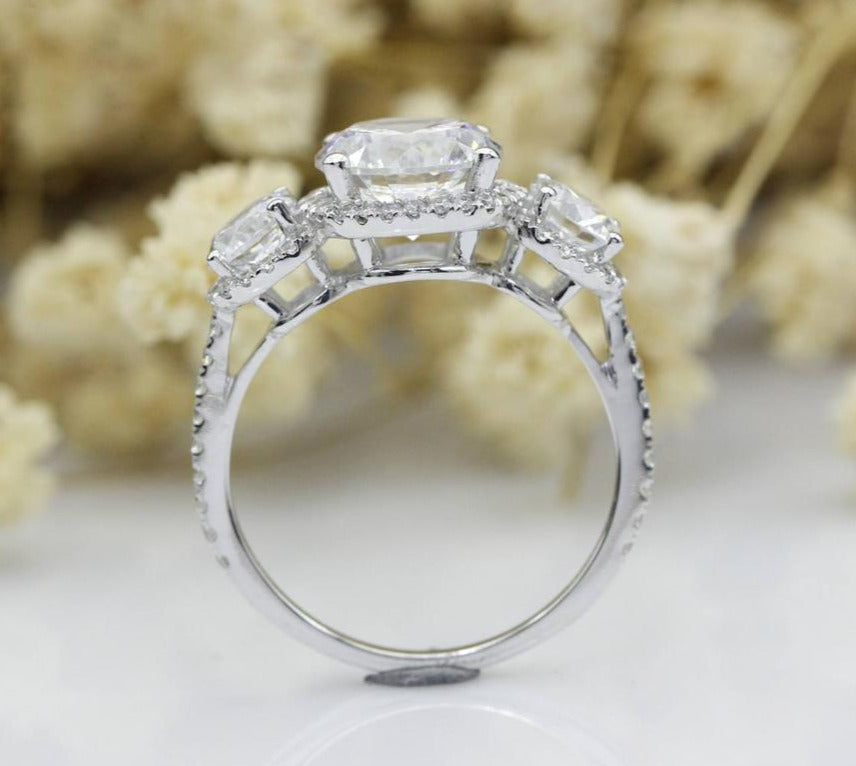 3 CT 925 Sterling Silver 3 Stone Round Cut Diamond Halo Engagement Ring